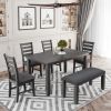 Dining Room Table and Chairs with Bench, Rustic Wood Dining Set, Set of 6 (Gray)