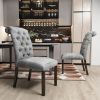 Fabric Upholstered Dining Chairs In a Soft Beige Linen with Tufted Back And Solid Wood Legs; Set of 2