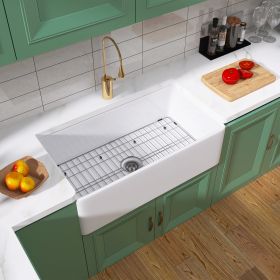 33 Inch Fireclay Farmhouse Kitchen Sink White Single Bowl Apron Front Kitchen Sink; Bottom Grid and Kitchen Sink Drain Included