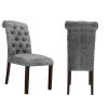 Fabric Upholstered Dining Chairs In a Soft Beige Linen with Tufted Back And Solid Wood Legs; Set of 2