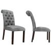 Fabric Upholstered Dining Chairs In a Soft Beige Linen with Tufted Back And Solid Wood Legs; Set of 2