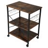 Simple Wood Kitchen Cart with 3-Tier Storage Space, Movable Microwave Stand with 10 Hooks - Brown and Frosted Black XH