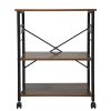 Simple Wood Kitchen Cart with 3-Tier Storage Space, Movable Microwave Stand with 10 Hooks - Brown and Frosted Black XH