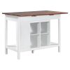 Farmhouse Stationary Wood Dining Table Drop Leaf Kitchen Island with Storage Shelves, Dark Walnut+White