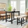 3 Pieces Rustic Wooden Counter Height Dining Table Set with 2 Upholstered Benches for Small Places;  Espresso+ Beige