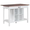 Farmhouse Stationary Wood Dining Table Drop Leaf Kitchen Island with Storage Shelves, Dark Walnut+White