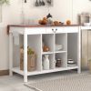 Farmhouse Stationary Wood Dining Table Drop Leaf Kitchen Island with Storage Shelves, Dark Walnut+White