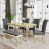 6 Piece Dining Table set with Bench; Wooden Kitchen Table Set w/ 4 Padded Dining Chairs