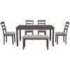 6-Piece Kitchen Simple Wooden Dining Table and Chair with Bench, Fabric Cushion