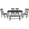 6-Piece Kitchen Dining Table Set Wooden Rectangular Dining Table, 4 Fabric Chairs and Bench Family Furniture