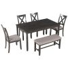 6-Piece Kitchen Dining Table Set Wooden Rectangular Dining Table, 4 Fabric Chairs and Bench Family Furniture