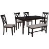 6-Piece Kitchen Dining Table Set Wooden Rectangular Dining Table, 4 Fabric Chairs and Bench Family Furniture