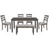 6-Piece Kitchen Simple Wooden Dining Table and Chair with Bench, Fabric Cushion