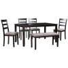 6-Piece Kitchen Simple Wooden Dining Table and Chair with Bench, Fabric Cushion