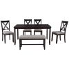 6-Piece Kitchen Dining Table Set Wooden Rectangular Dining Table, 4 Fabric Chairs and Bench Family Furniture