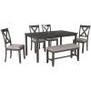 6-Piece Kitchen Dining Table Set Wooden Rectangular Dining Table, 4 Fabric Chairs and Bench Family Furniture